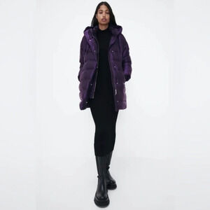 Zara water repellent down filled purple quilted coat with hood Size XL NWT